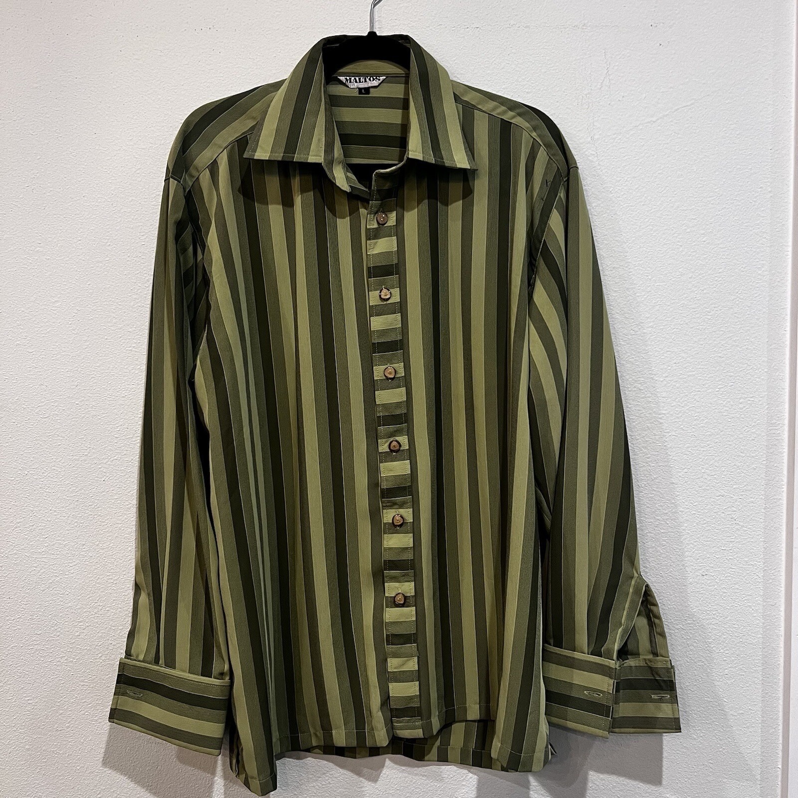 Maltos Womens Green Striped Size L Long Sleeve Button Down Blouse